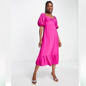 Nobody's Child Darcie Puff Sleeve Midi Dress in Fuchsia